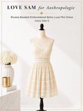 🌾LOVE SAM Anthropologie Ivory Beaded Riviera Embroidered Mini Dress Boho Luxe S